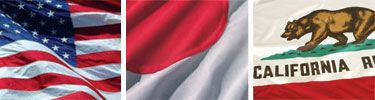 Waving flags of the USA, Japan, and California.