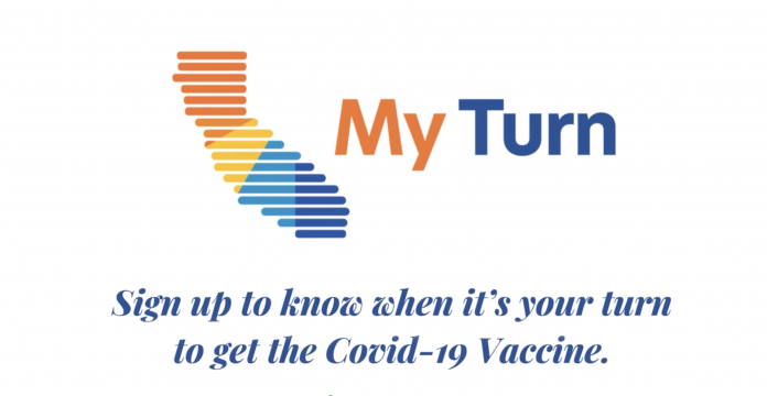 My Turn vaccination graphic with a striped California silhouette and an invitation to sign up for a COVID-19 vaccine.
