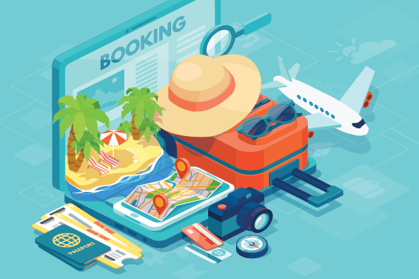 Travel booking illustration with luggage, a hat, airplane, passport, map and camera.