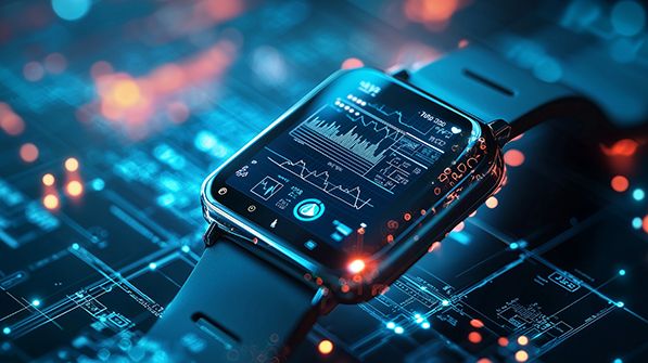 A smartwatch displays graphs amid glowing blue digital circuitry and data overlays.