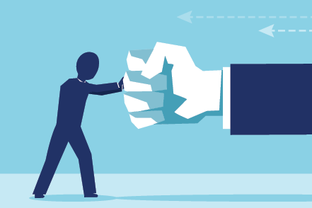 Illustration of a small person bracing against a giant approaching fist on a blue background.