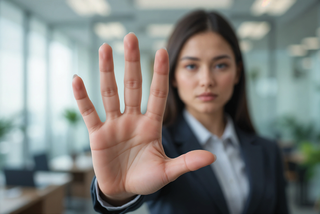 A serious businesswoman holds her hand up, palm forward, in a stop gesture.