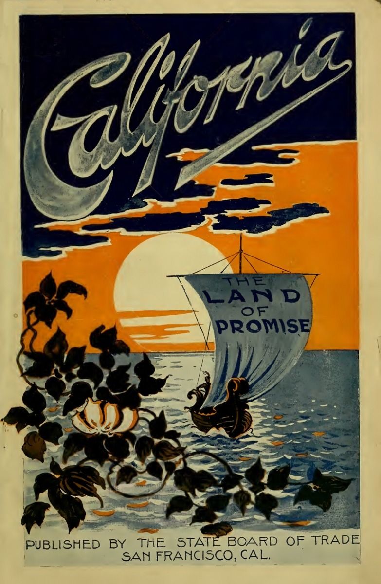 Vintage California Land of Promise poster showing a sunset, sailboat and fruit.