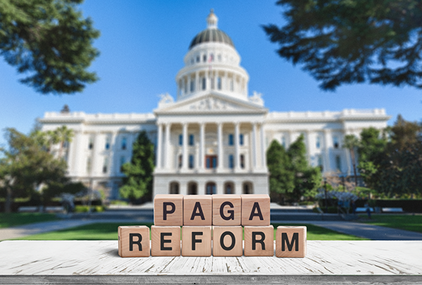 PAGA REFORM letter blocks on a table with the California State Capitol and trees behind them.