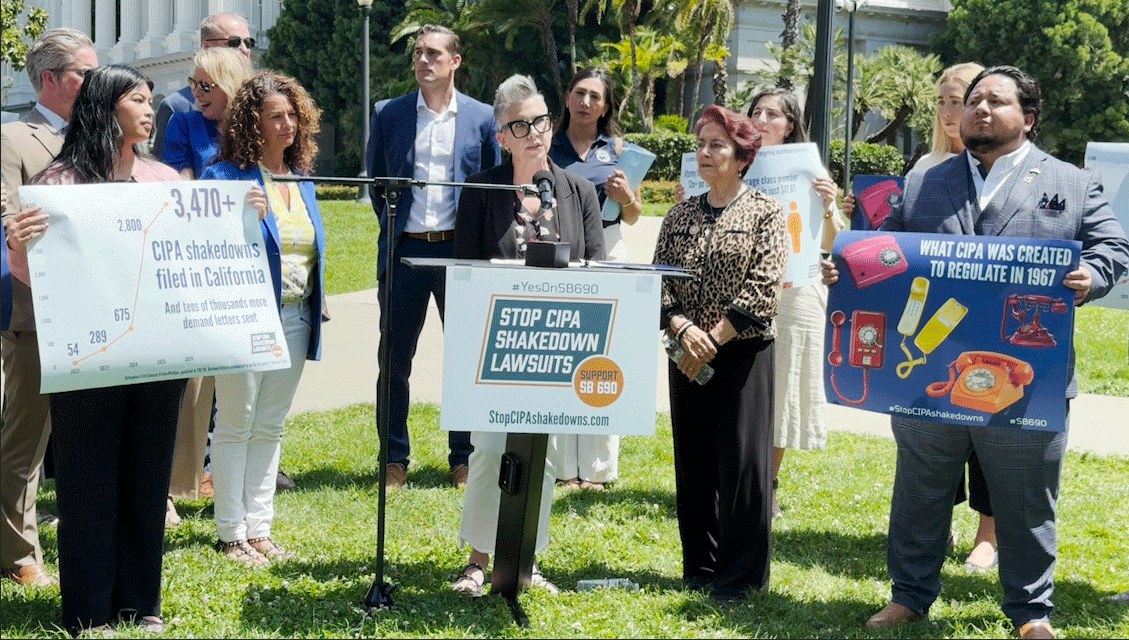 CalChamber General Counsel Nicole Wasylkiw recaps reasons to support SB 690 by Sen. Anna Caballero (at right of podium) at a May 12 news conference.
