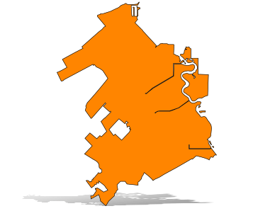 Orange silhouette map of San Mateo with a drop shadow.