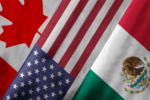 Overlapping Canada, United States and Mexico flags.