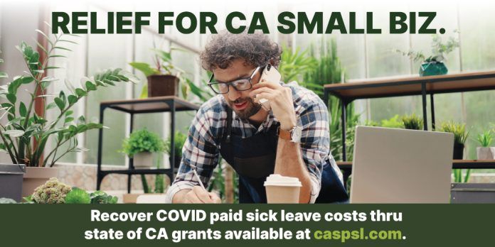 Small-business relief graphic promotes California grants to recover COVID paid sick leave costs at caspsl.com.