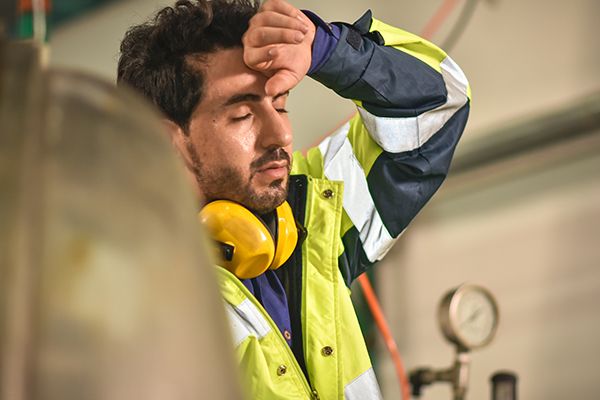 A worker in a reflective vest wipes their forehead, with ear protectors around their neck.