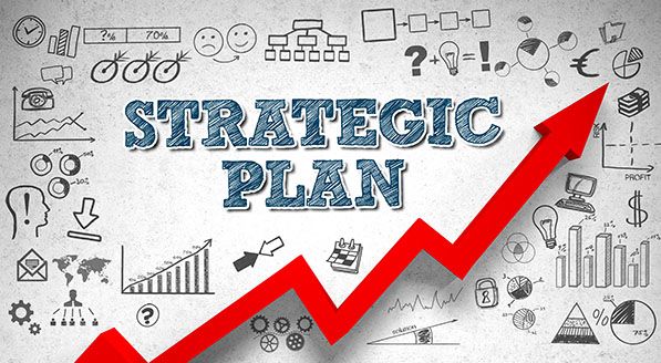 STRATEGIC PLAN text with a rising red arrow surrounded by business-related doodles.