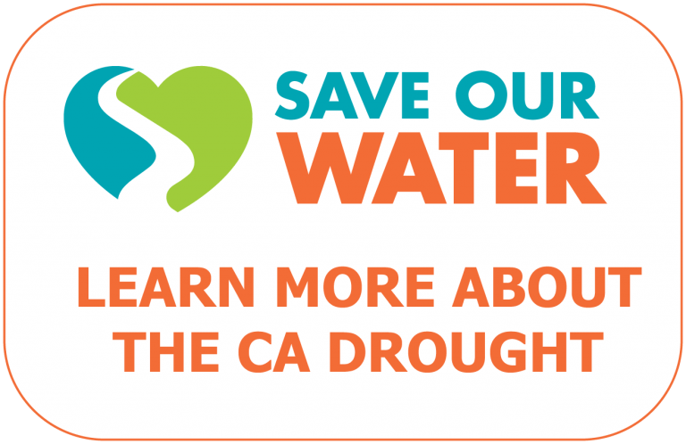 Save Our Water logo with a heart and winding river graphic, and text: Learn More About The CA Drought.