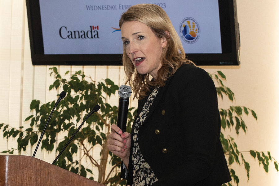 CalChamber President/CEO Jennifer Barrera welcomes attendees to the Canada Day luncheon.