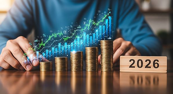 Ascending coin stacks and a rising graph beside wooden blocks marked 2026.