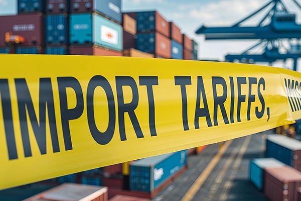 Yellow tape reading IMPORT TARIFFS stretches across a view of stacked shipping containers.