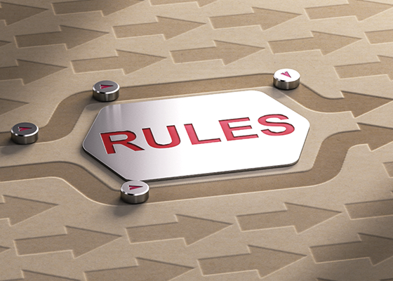A sign reading RULES sits at the center of a winding route surrounded by directional arrows.