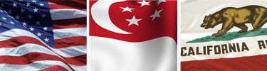 United States, Singapore and California flags displayed side by side.