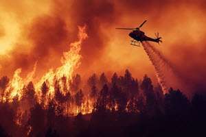 A helicopter drops water over a burning forest under orange smoke.