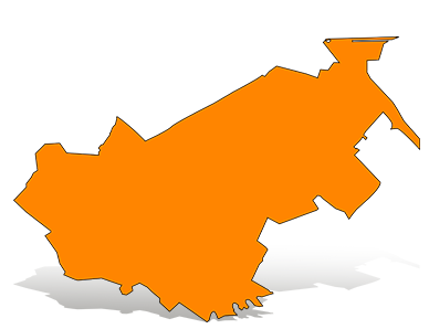 Orange silhouette map of Belmont with a gray drop shadow.