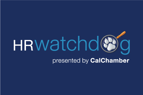 HRWatchdog logo with a paw-print magnifying glass and the words presented by CalChamber on navy blue.
