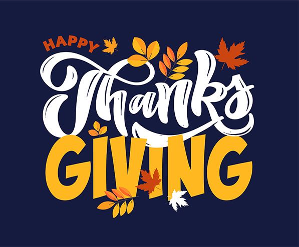 Decorative Happy Thanksgiving lettering with colorful autumn leaves on a dark blue background.