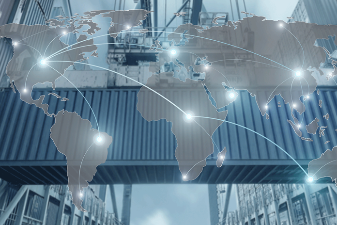 A world map with glowing network connections overlays a shipping container terminal.