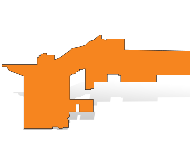 Orange silhouette map of West Hollywood with a gray drop shadow.