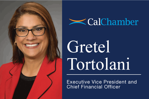 CalChamber profile graphic for Gretel Tortolani, Executive Vice President and Chief Financial Officer, beside her portrait.