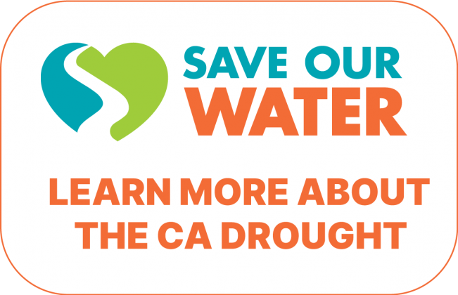 Save Our Water graphic reading 'Learn more about the CA drought' beside a green and teal heart-shaped symbol.
