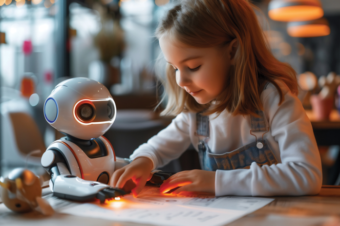 Illustration of a child and small robot working together over a glowing object on a desk.
