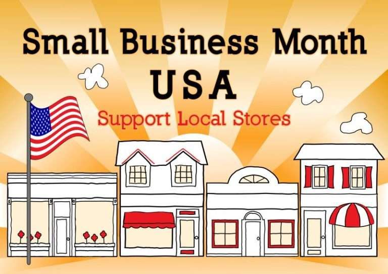 Small Business Month USA: Support Local Stores graphic with illustrated storefronts and a United States flag.