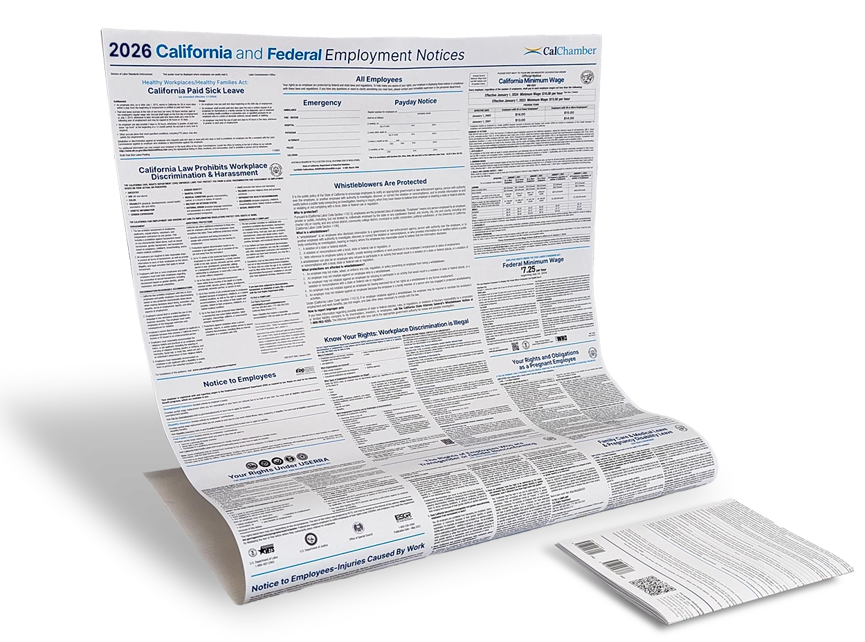 A curled 2026 California and Federal Employment Notices poster with a smaller notice sheet.