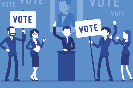Blue illustration of election candidates and supporters holding VOTE signs.