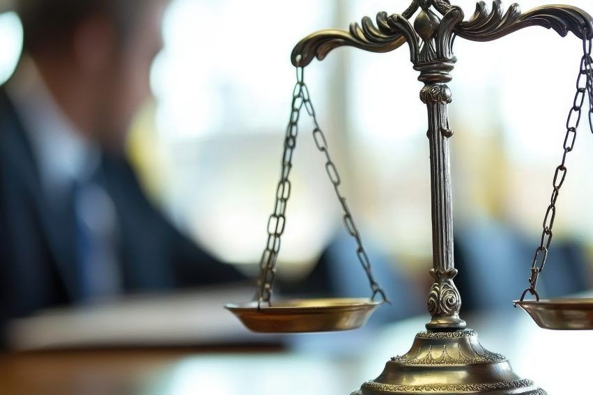 A brass balance scale stands on a desk with a blurred person behind it.