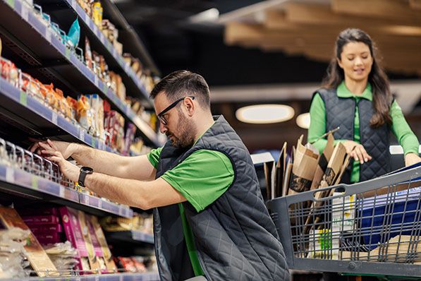 A grocery worker stocks a low shelf while another worker pushes a cart along the aisle.