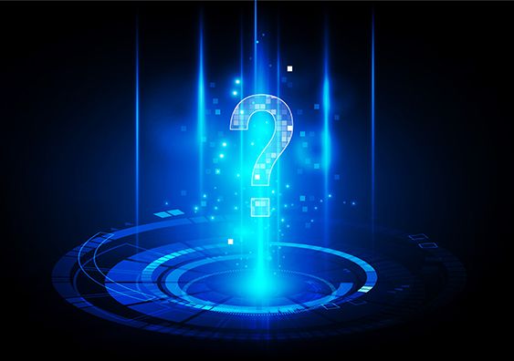 A glowing blue question mark rises above concentric digital rings on a dark background.