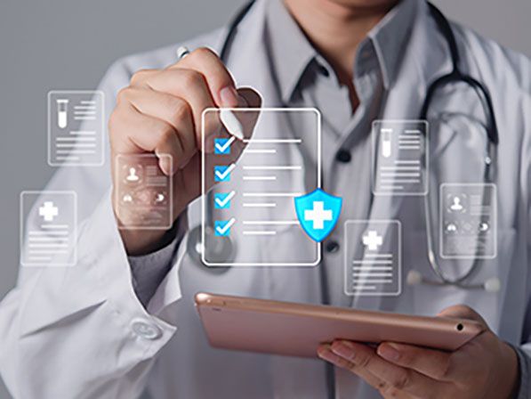 Doctor interacts with a holographic medical checklist, health data, and a security shield, holding a tablet.