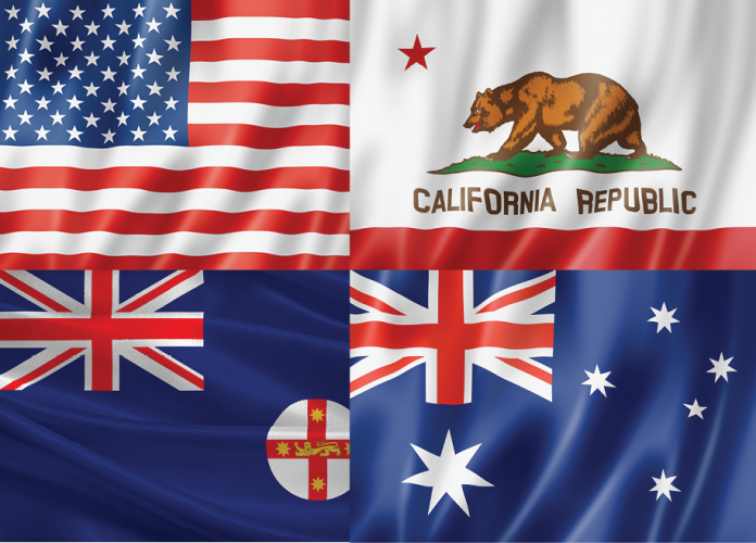 U.S., California, New South Wales and Australian flags arranged in a two-by-two grid.