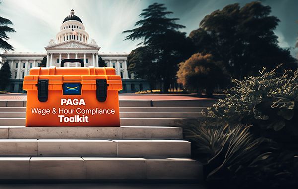 An orange PAGA Wage & Hour Compliance Toolkit box sits on steps leading toward the California State Capitol.