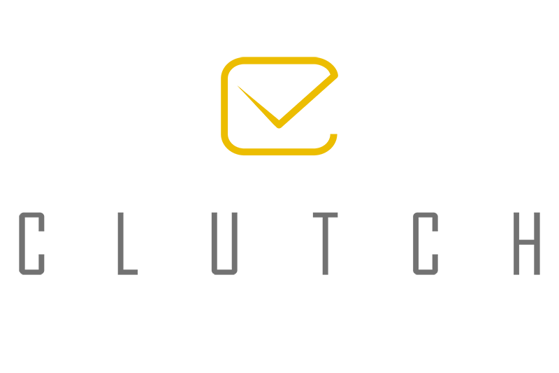 Clutch logo with a yellow outlined emblem above widely spaced gray letters.