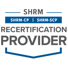 SHRM-CP and SHRM-SCP Recertification Provider badge in blue and gray.