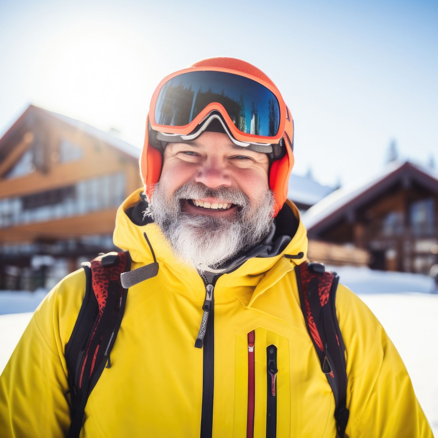 A smiling bearded skier in a yellow jacket, orange helmet and goggles at a snowy resort.