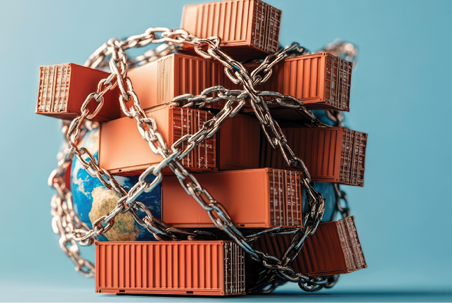 Shipping containers surround a globe wrapped tightly in metal chains.