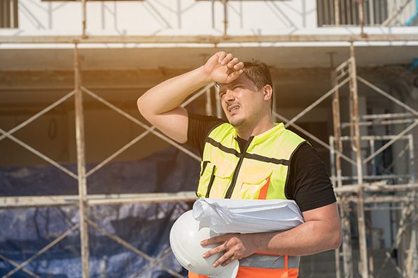 A construction worker wipes their forehead while holding a hard hat and rolled plans.