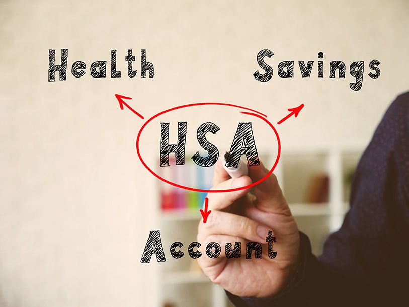 A hand circles HSA and draws arrows to the words Health, Savings and Account.