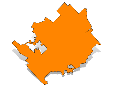 Orange silhouette map of San Carlos with a gray drop shadow.