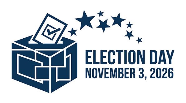 Election Day graphic with a ballot box, stars, and the date November 3, 2026.