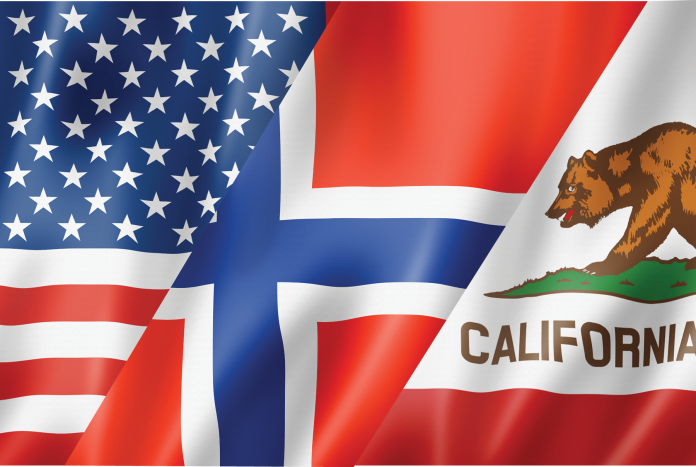 U.S., Norwegian and California flags shown side by side.