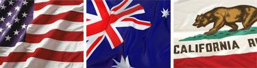 U.S., Australian and California flags arranged in adjacent panels.