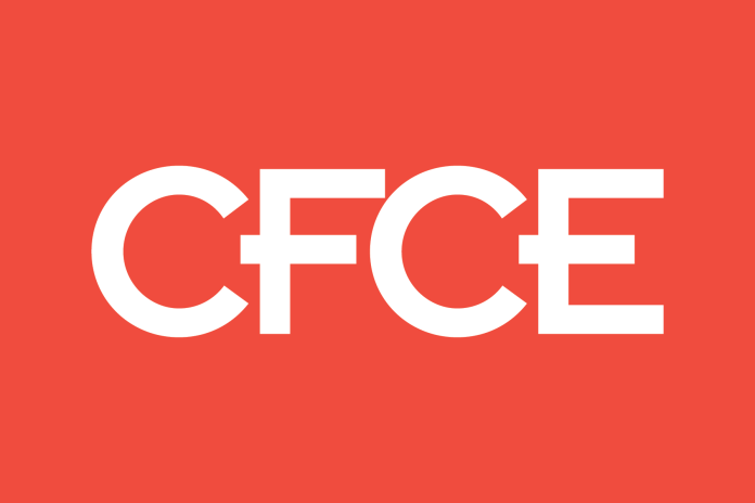 White CFCE lettering on a bright red background.