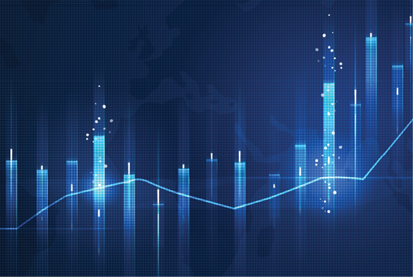 Blue financial chart with glowing vertical bars and a rising line.